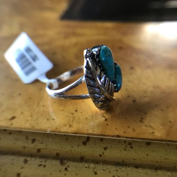 Kingman Turquoise Sterling Silver Feather Ring Size 6 - Picture 2 of 9